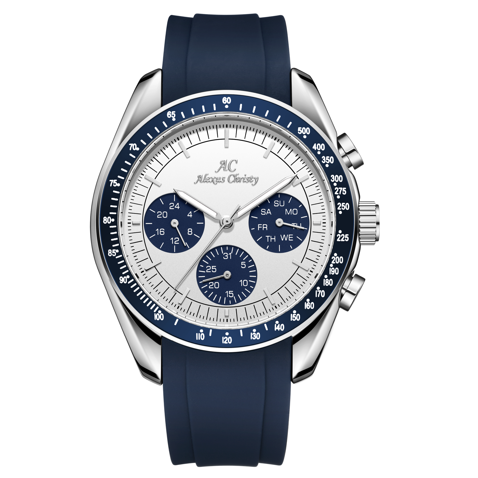 Watch with blue strap and detailed face on a white background