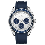 Watch with blue strap and detailed face on a white background