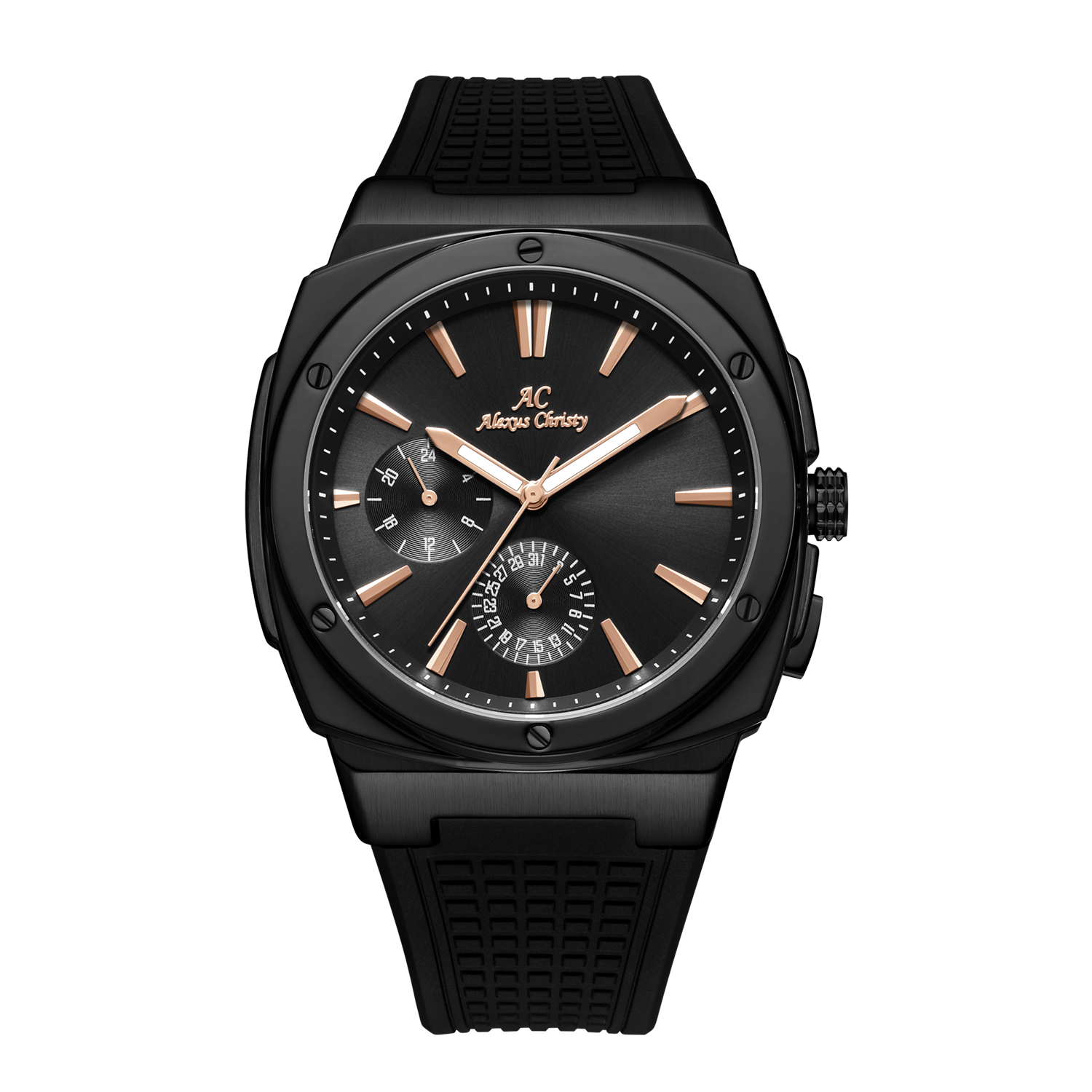 Black watch with detailed face on a white background