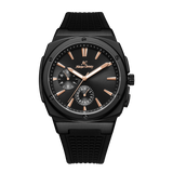 Black watch with detailed face on a white background