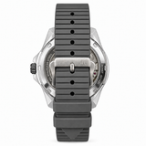 The back view of a watch with a silver stainless steel case and a dark gray ribbed silicone strap, featuring a silver buckle with an 'AC' logo.
