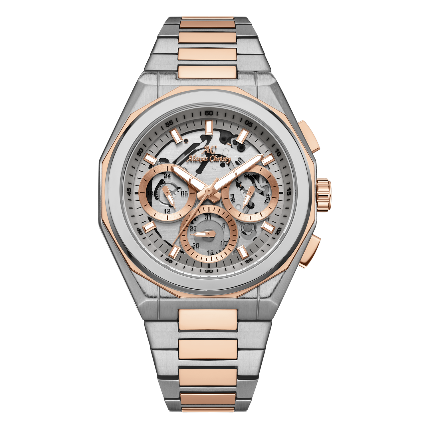 Luxury watch with silver and rose gold band on white background