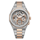 Luxury watch with silver and rose gold band on white background