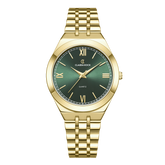 A gold-toned women's watch with a green band and dial, featuring rose gold hands and markers, and a date display.