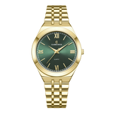 A gold-toned women's watch with a green band and dial, featuring rose gold hands and markers, and a date display.