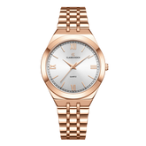A rose gold women's watch with a polished finish and a white dial with Roman numerals.