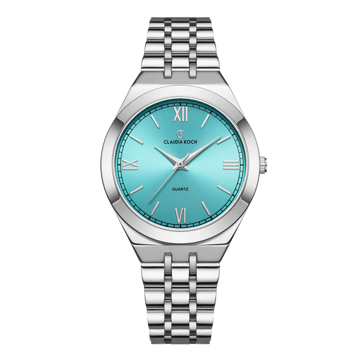 A silver stainless steel women's watch with a blue dial and Roman numerals, from the brand Claudia Koch.