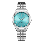 A silver stainless steel women's watch with a blue dial and Roman numerals, from the brand Claudia Koch.