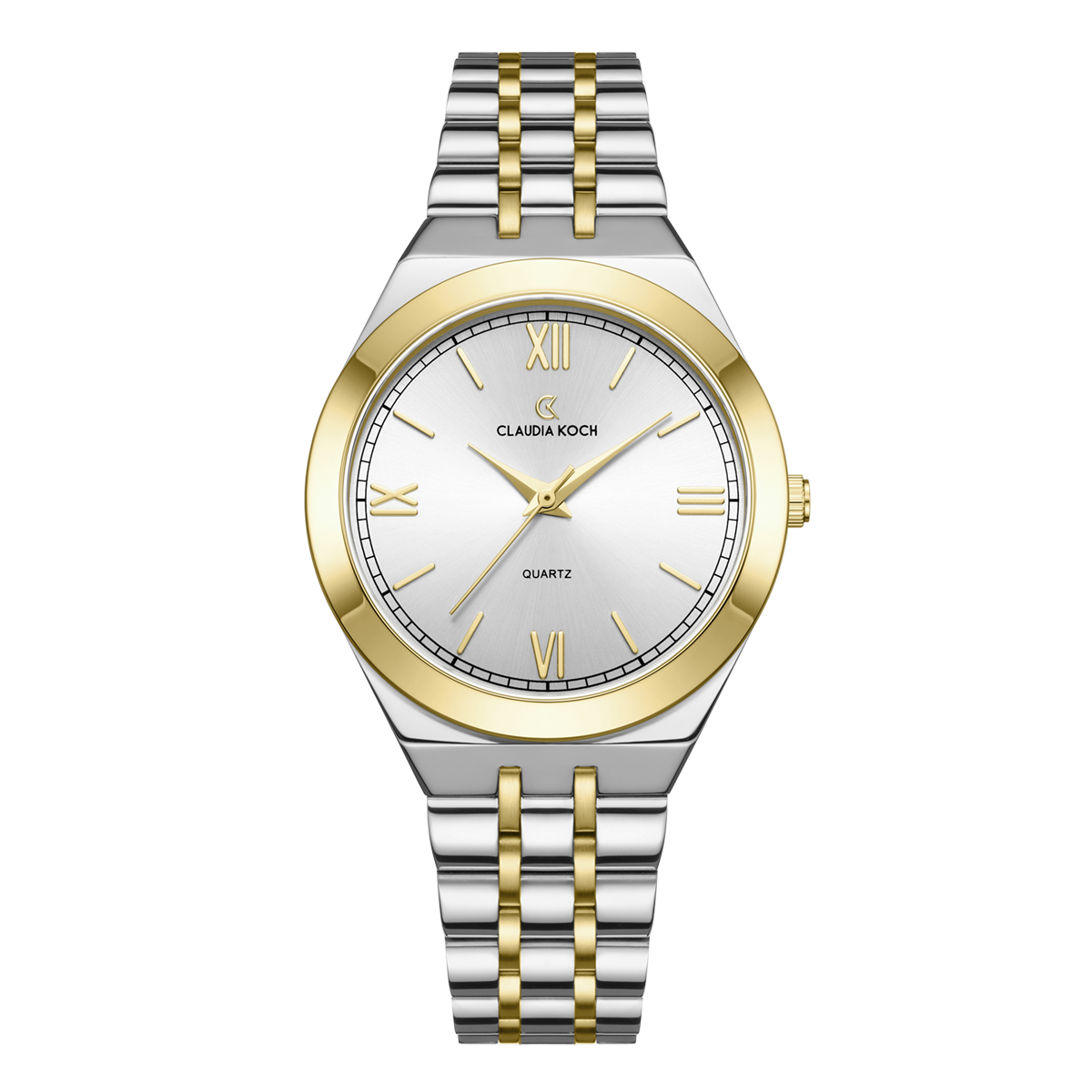 A two-tone gold women's watch with a silver band and a gold case, featuring a round face with Roman numerals and a date display.