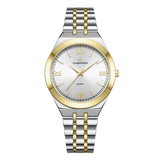 A two-tone gold women's watch with a silver band and a gold case, featuring a round face with Roman numerals and a date display.