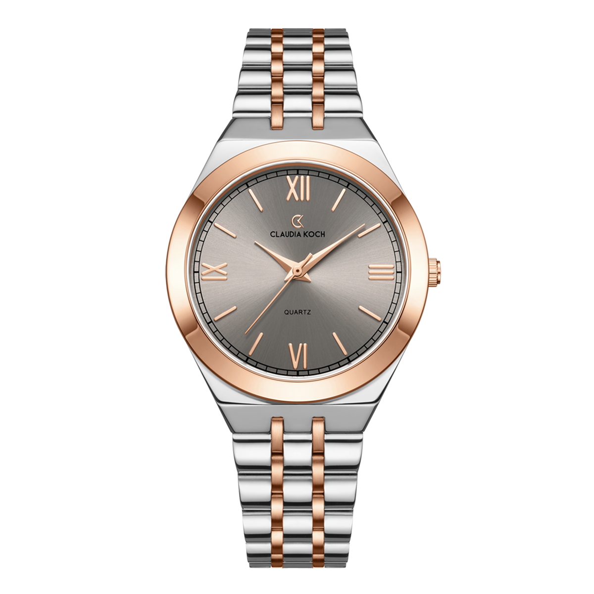A two-tone elegant women's watch with a rosegold case, grey dial, and silver bracelet. Roman numerals are visible on the dial.