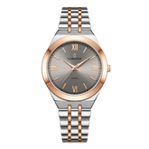 A two-tone elegant women's watch with a rosegold case, grey dial, and silver bracelet. Roman numerals are visible on the dial.