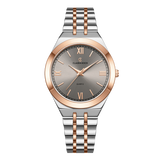 A two-tone elegant women's watch with a rosegold case, grey dial, and silver bracelet. Roman numerals are visible on the dial.