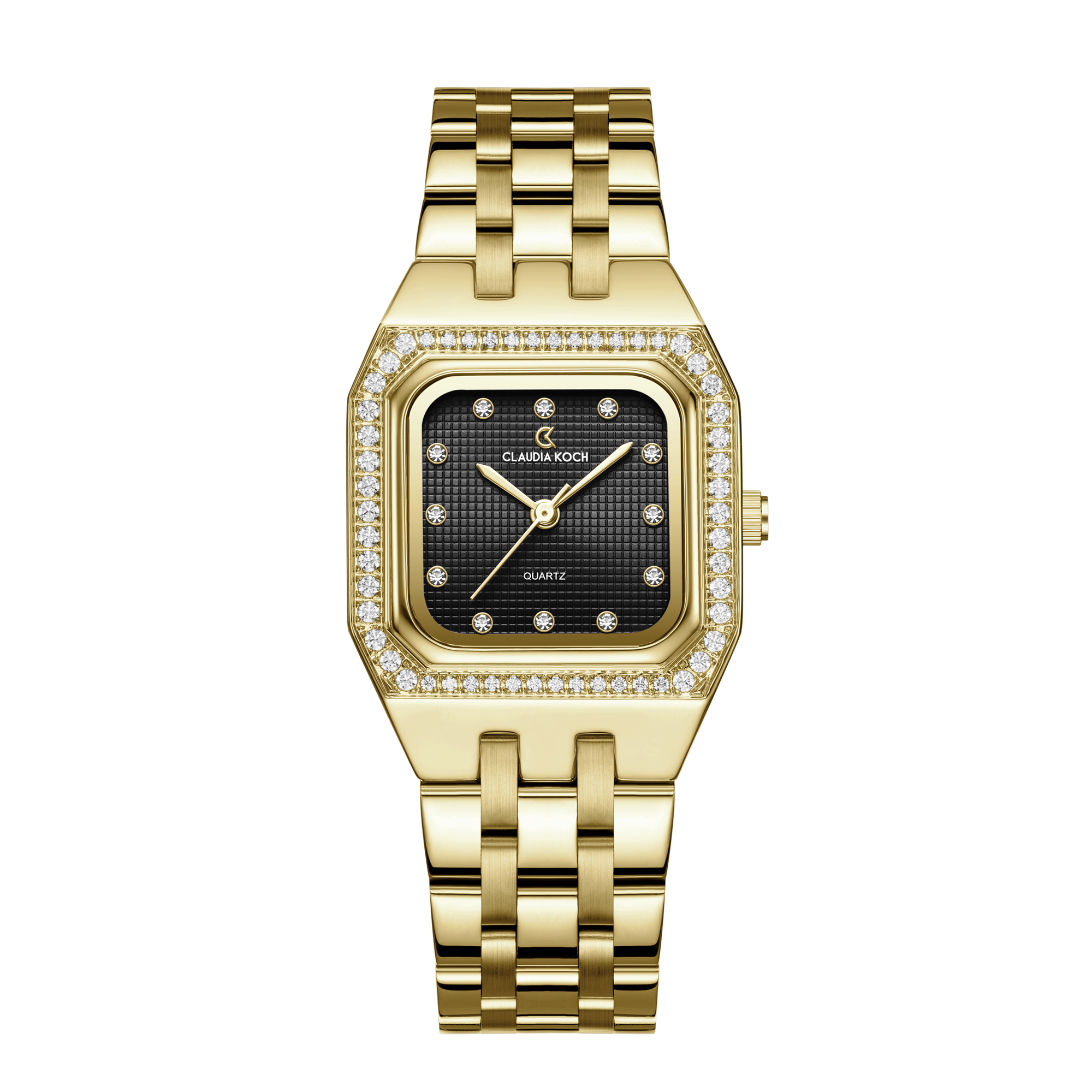 A square dial women's watch with a gold bracelet and black dial, adorned with small diamonds around the dial's perimeter.