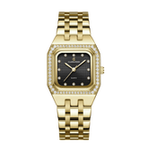 A square dial women's watch with a gold bracelet and black dial, adorned with small diamonds around the dial's perimeter.