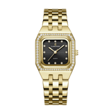 A square dial women's watch with a gold bracelet and black dial, adorned with small diamonds around the dial's perimeter.