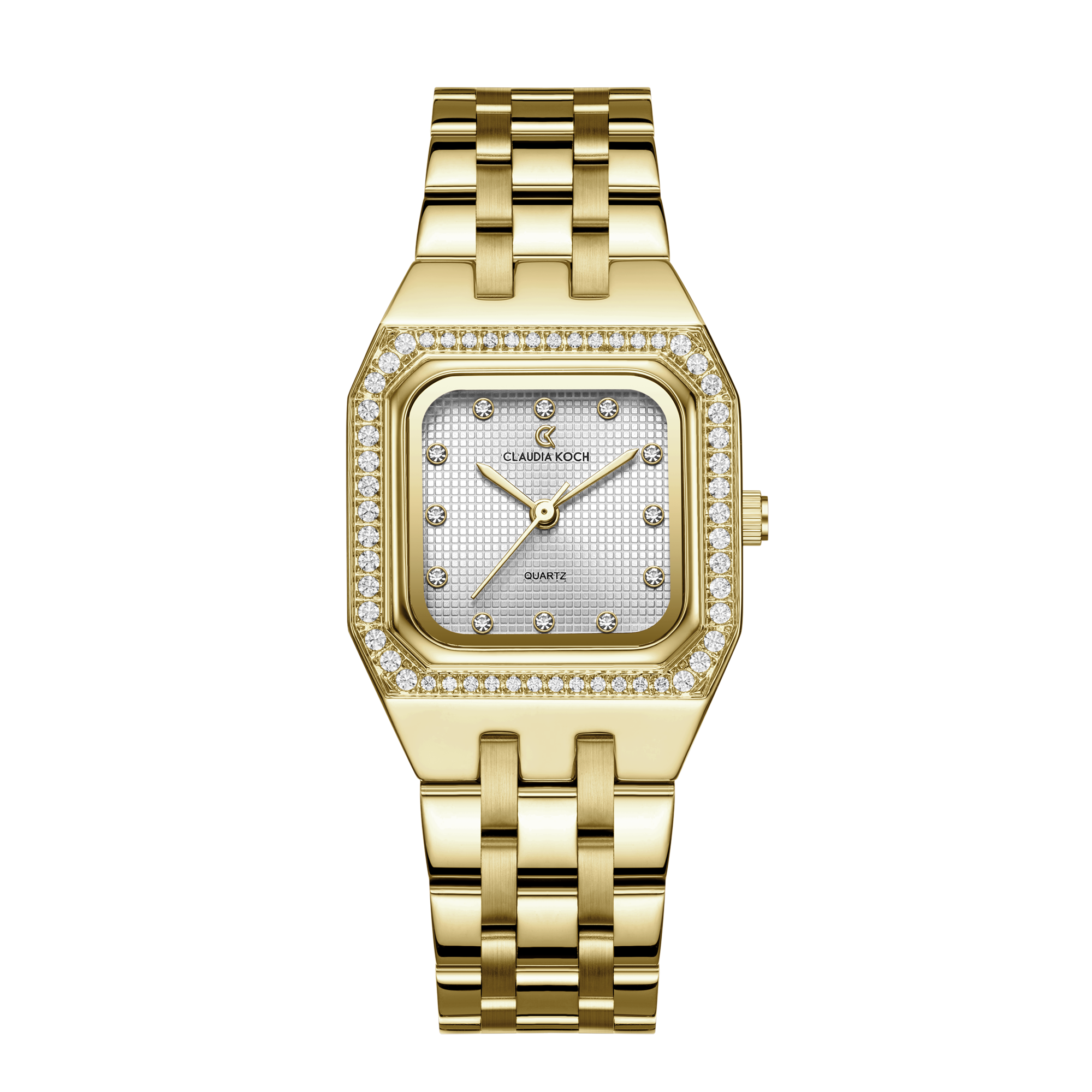 A gold-colored women's watch with a square dial and a metallic bracelet. The watch face is adorned with small diamond-like decorations.
