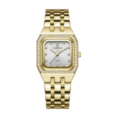 A gold-colored women's watch with a square dial and a metallic bracelet. The watch face is adorned with small diamond-like decorations.