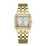 A gold-colored women's watch with a square dial and a metallic bracelet. The watch face is adorned with small diamond-like decorations.