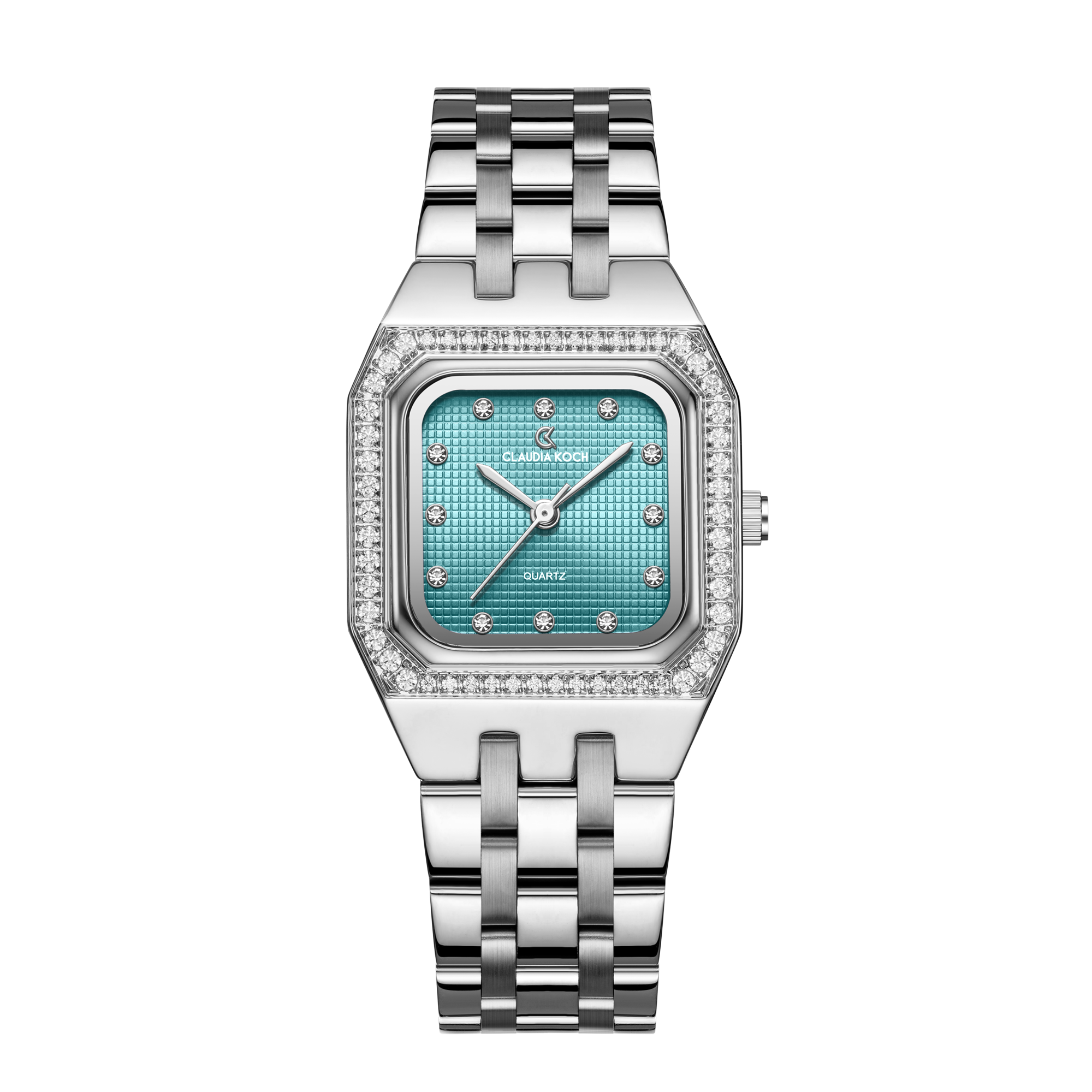 A silver women's watch with a square dial and a bracelet strap, predominantly light blue in color with diamond-like accents on the dial.