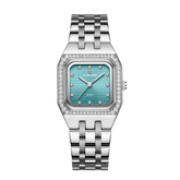 A silver women's watch with a square dial and a bracelet strap, predominantly light blue in color with diamond-like accents on the dial.