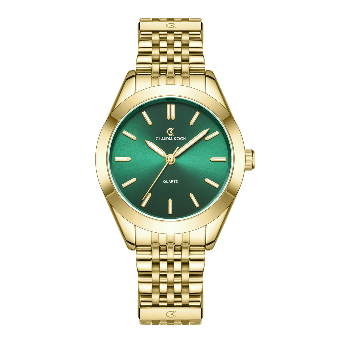A gold-colored, minimalist design women's watch with a green dial and a metallic bracelet.