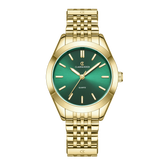 A gold-colored, minimalist design women's watch with a green dial and a metallic bracelet.