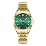 A gold-colored, minimalist design women's watch with a green dial and a metallic bracelet.