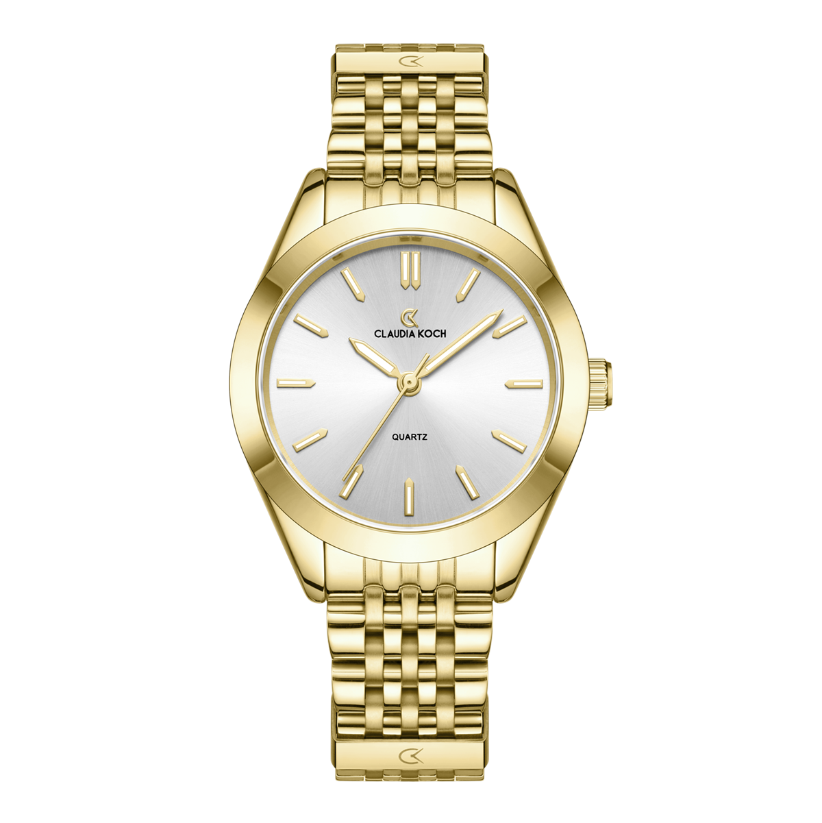 A gold-toned women's watch with a round face, gold bracelet, and silver casing.