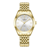 A gold-toned women's watch with a round face, gold bracelet, and silver casing.