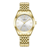 A gold-toned women's watch with a round face, gold bracelet, and silver casing.