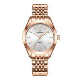 A rose gold women's watch with a minimalist design, featuring a white dial and a stainless steel bracelet.
