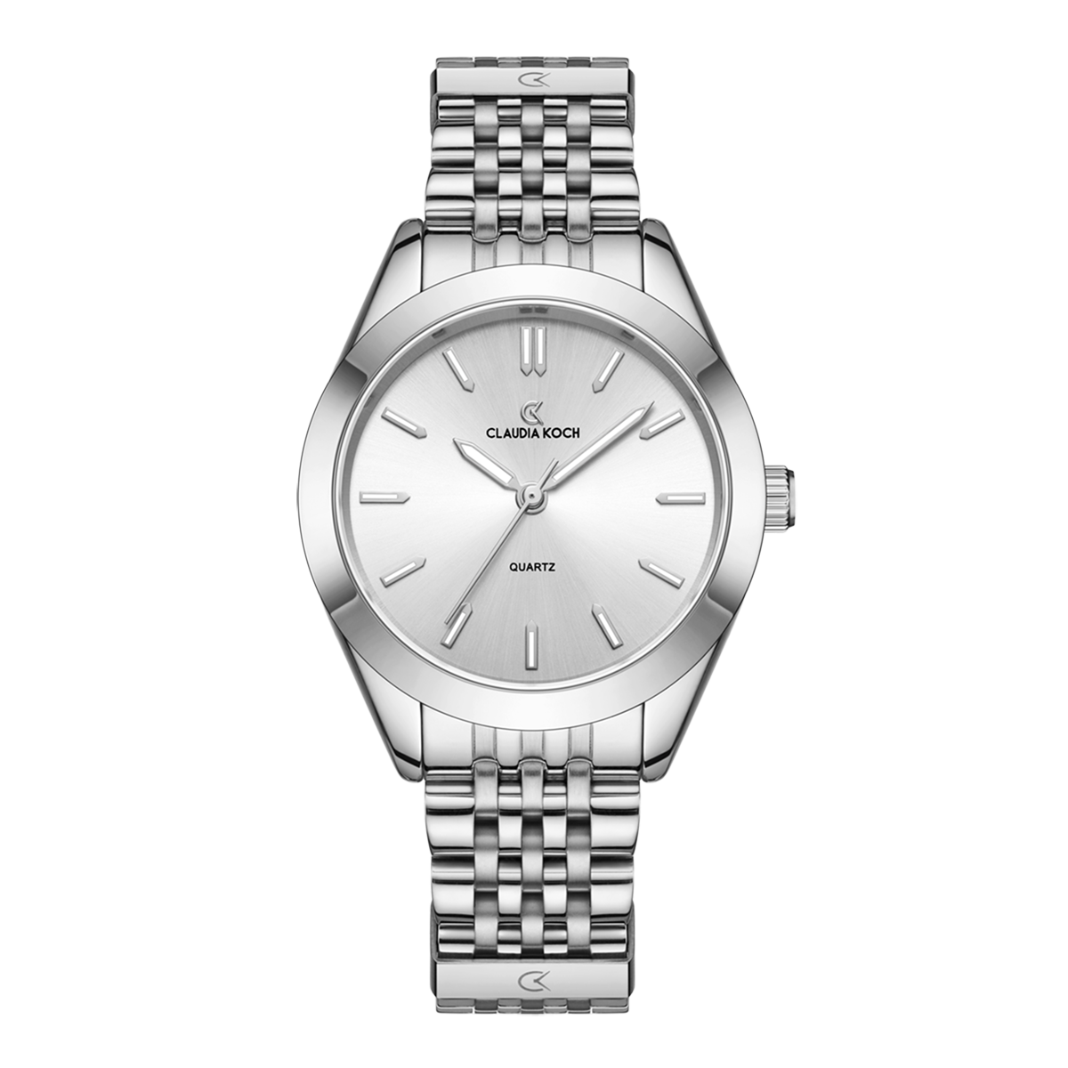 A silver-colored women's watch with a minimalist design, including a silver bracelet, a silver case, and a white dial with simple markings.