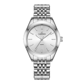 A silver-colored women's watch with a minimalist design, including a silver bracelet, a silver case, and a white dial with simple markings.