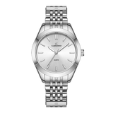 A silver-colored women's watch with a minimalist design, including a silver bracelet, a silver case, and a white dial with simple markings.