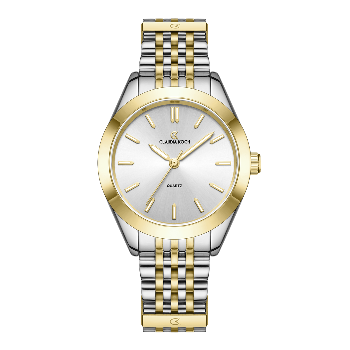 A two-tone gold women's watch with a silver dial, stainless steel bracelet, and gold accents.