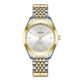 A two-tone gold women's watch with a silver dial, stainless steel bracelet, and gold accents.