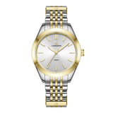 A two-tone gold women's watch with a silver dial, stainless steel bracelet, and gold accents.