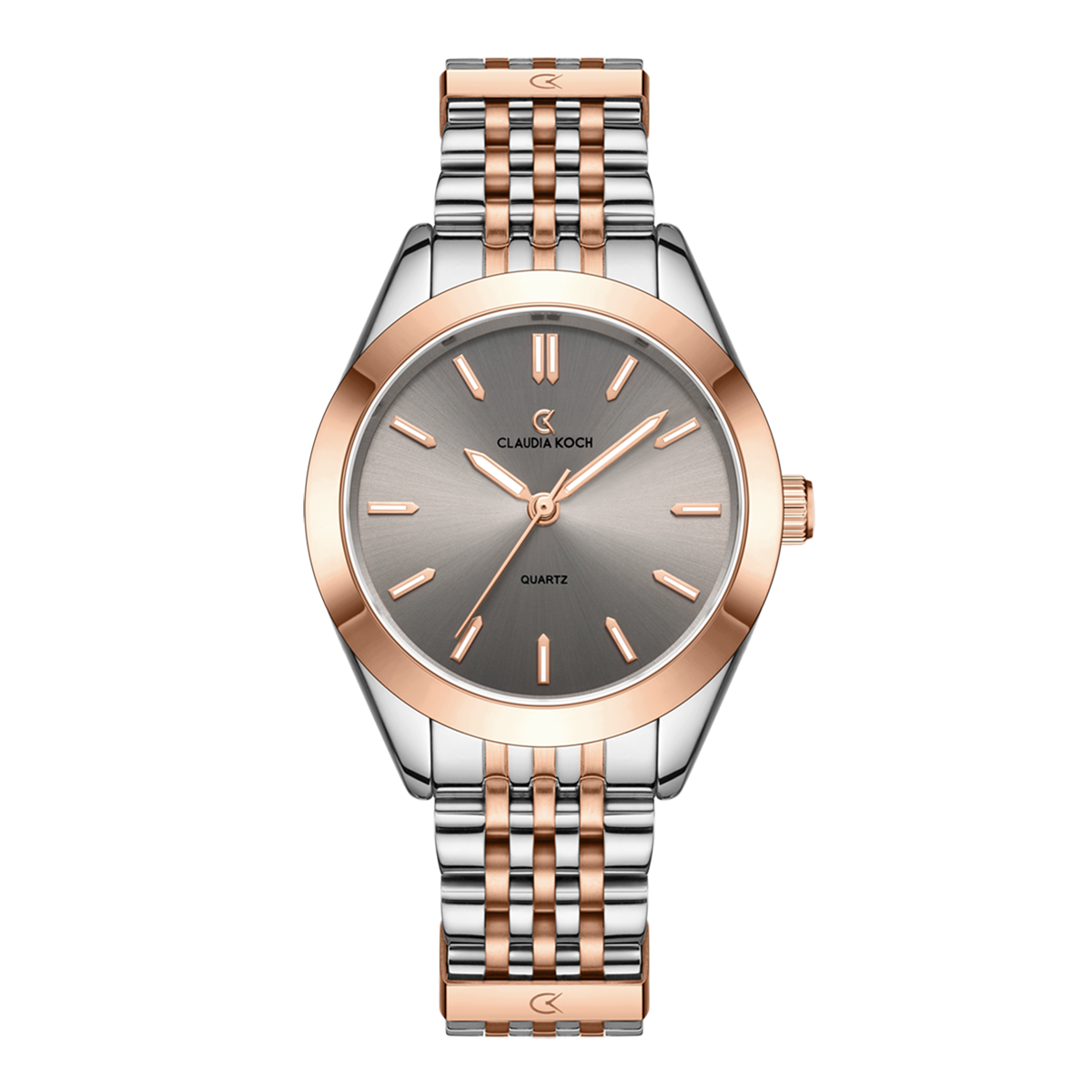 A two-tone rose gold women's watch with a silver band and a round face featuring black Roman numerals and a date display.