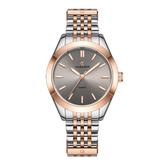 A two-tone rose gold women's watch with a silver band and a round face featuring black Roman numerals and a date display.