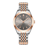 A two-tone rose gold women's watch with a silver band and a round face featuring black Roman numerals and a date display.