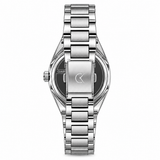 Silver stainless steel analog watch with a metal link bracelet, shown from the back on a white background. The dial features a sliding cover with a stylized 'K' logo and the brand name 'CLAUD' visible.