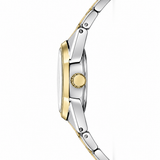 Side profile of a two-tone stainless steel and gold watch with a matching metal link bracelet, shown on a clean white background.