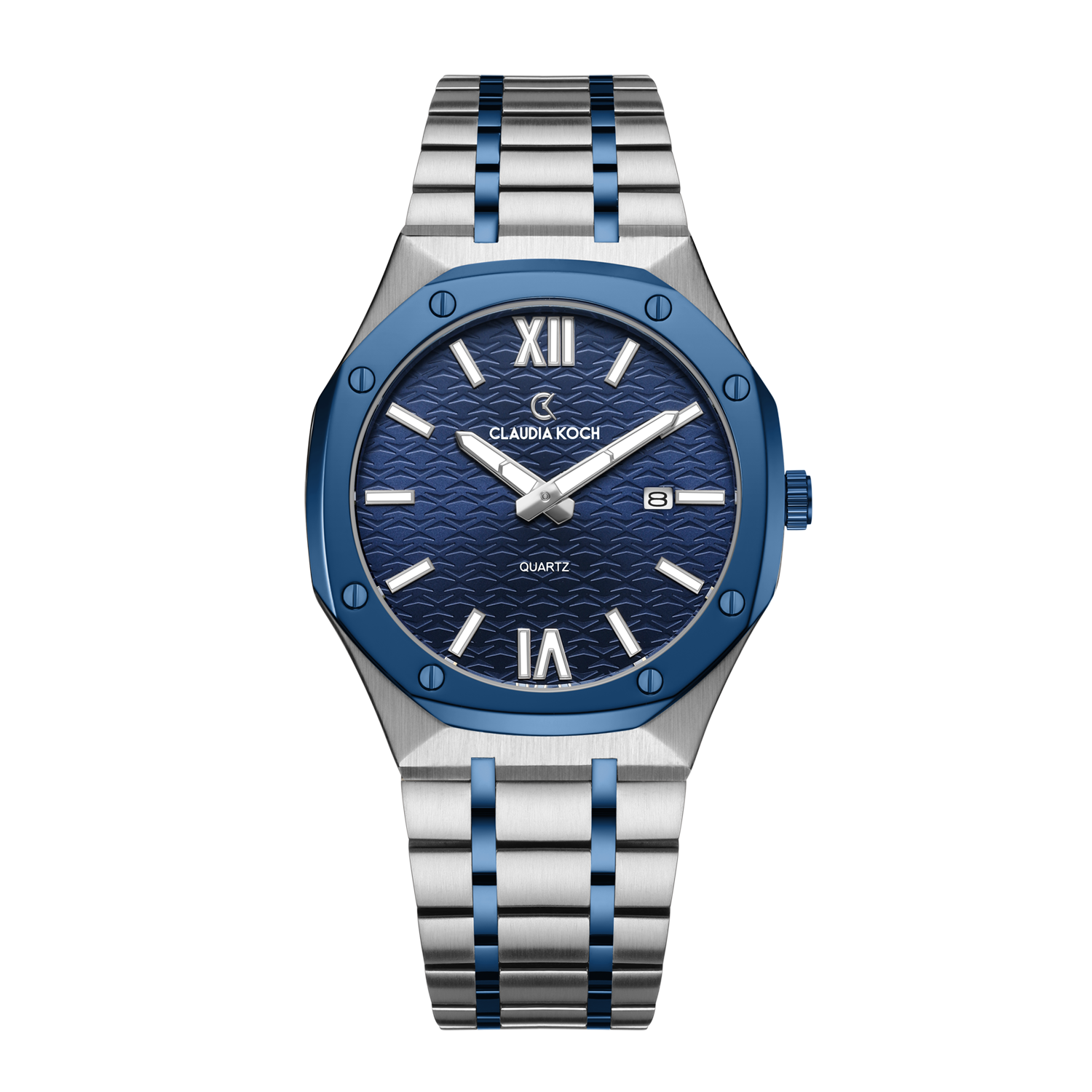A Claudia Koch watch with a two-tone blue accent, featuring a navy dial, silver hands and markers, and a brushed stainless steel bracelet.