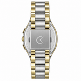 A two-tone stainless steel and gold watch shown from the back, featuring a matching two-tone metal link bracelet and a brushed silver case back with a white stylized 'G' logo.