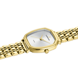 Gold watch with a white face on a white background