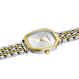 Two-tone watch with gold and silver band on a white background
