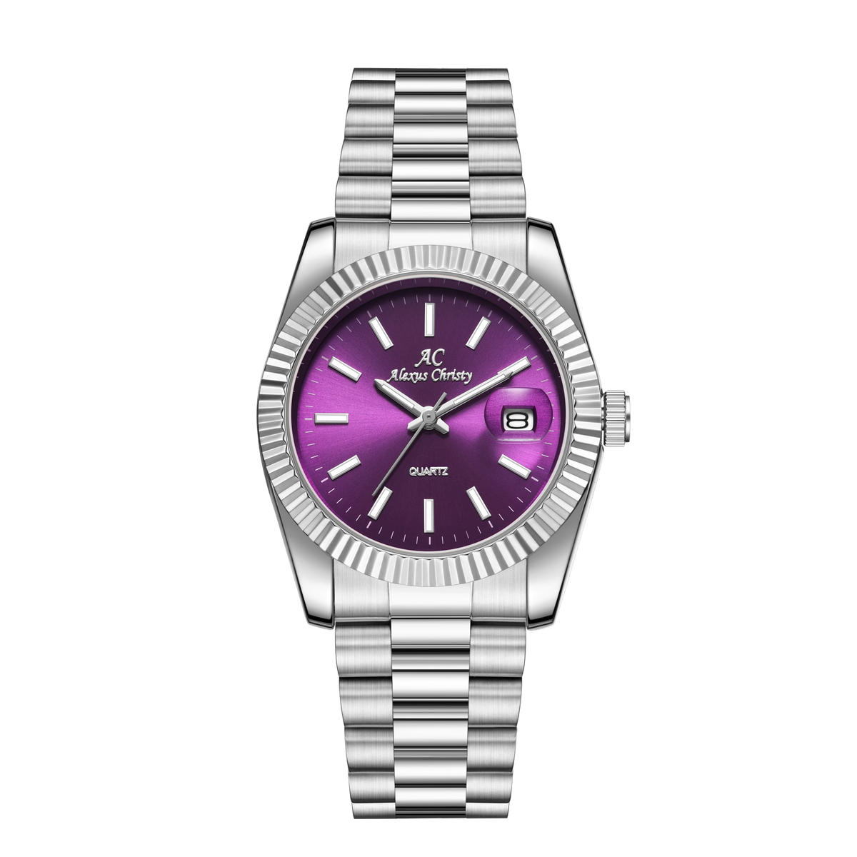 Elegant Unisex Classic Date Display Watch Silver Purple