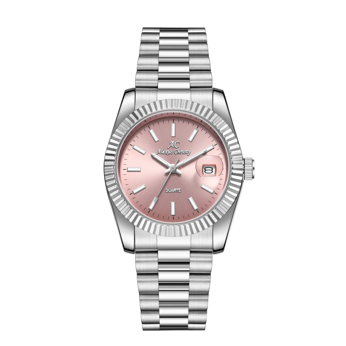 Elegant Unisex Classic Date Display Watch Silver Pink