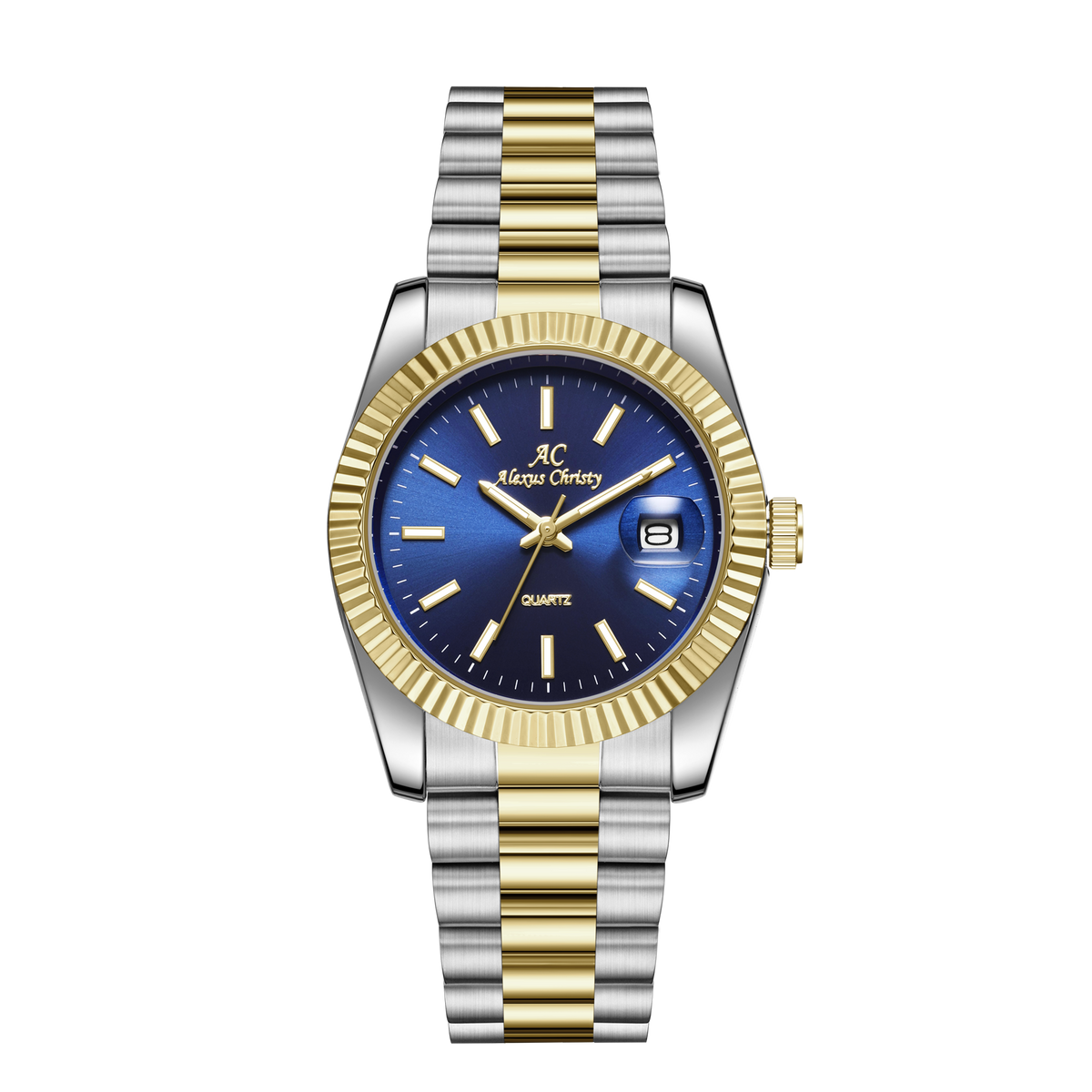 Elegant Unisex Classic Date Display Watch Two-Tone Gold Blue